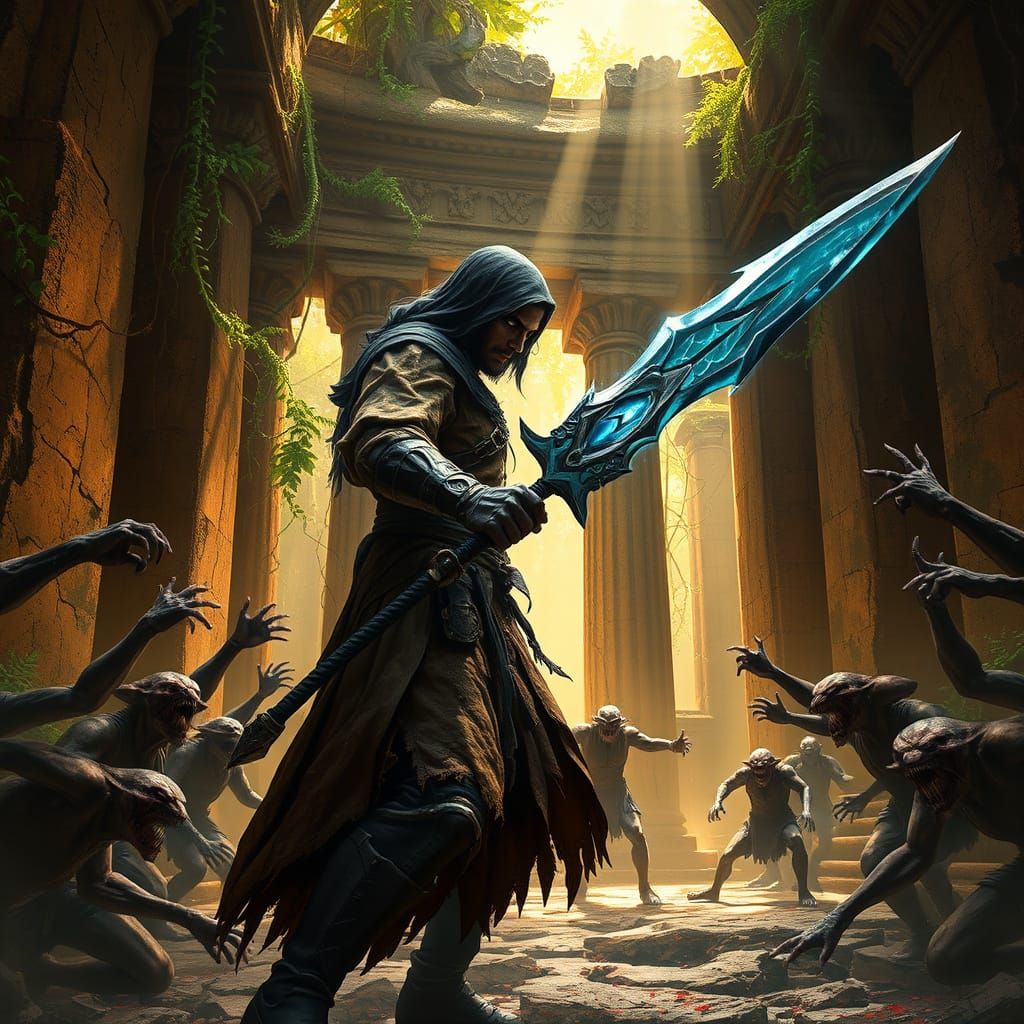 Raziel Defies Darkness in Hyperrealistic Temple Scene