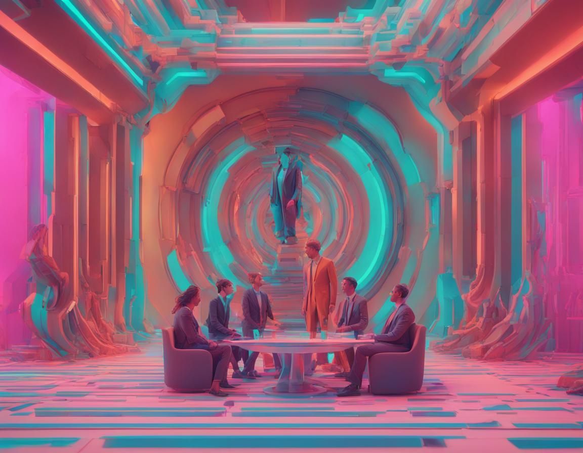 Business Meeting with Olympus Gods in Glitchcore Style