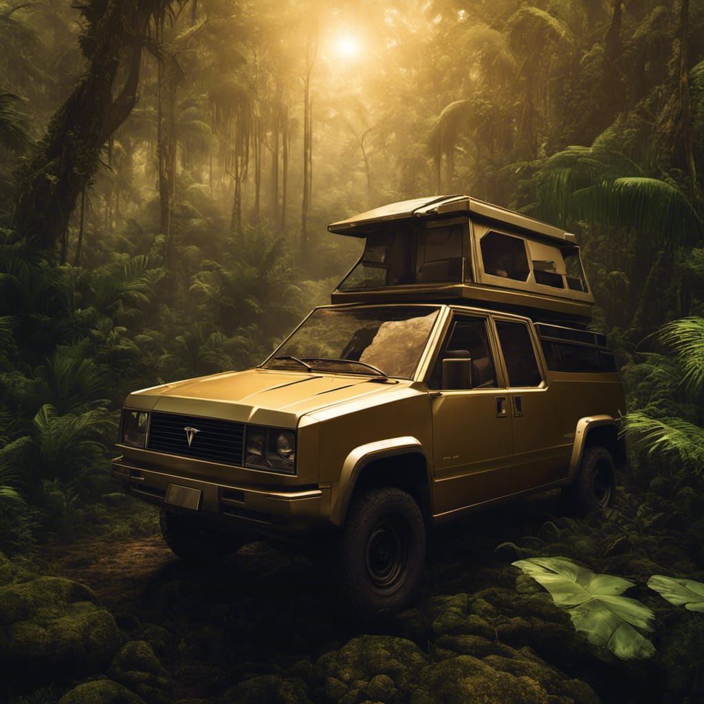 Abandoned Golden Tesla Cybertruck in Rainforest: Matte Paint...