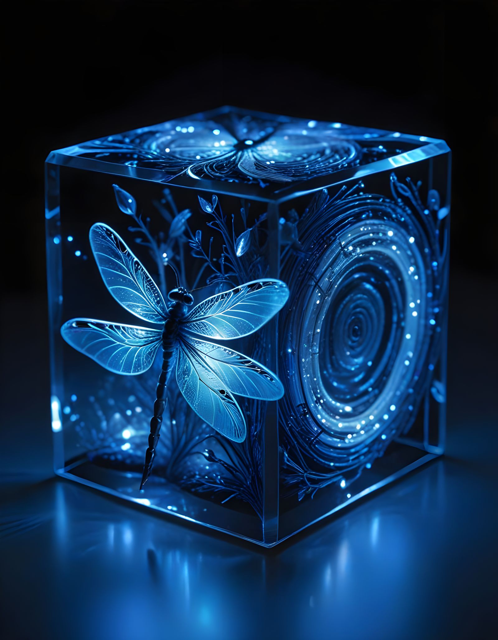 Glowing Dragonfly in Sapphire Cube