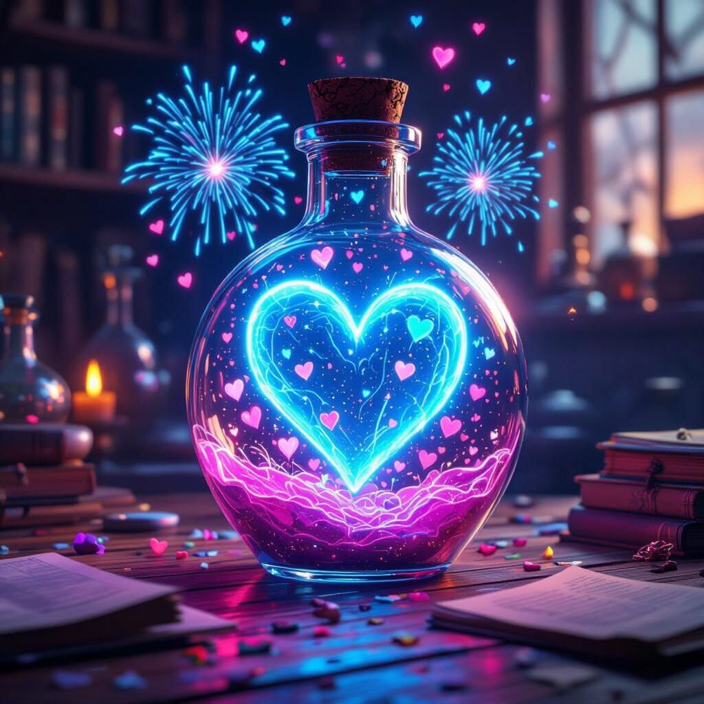 Glowing Neon Heart Potion with Fireworks