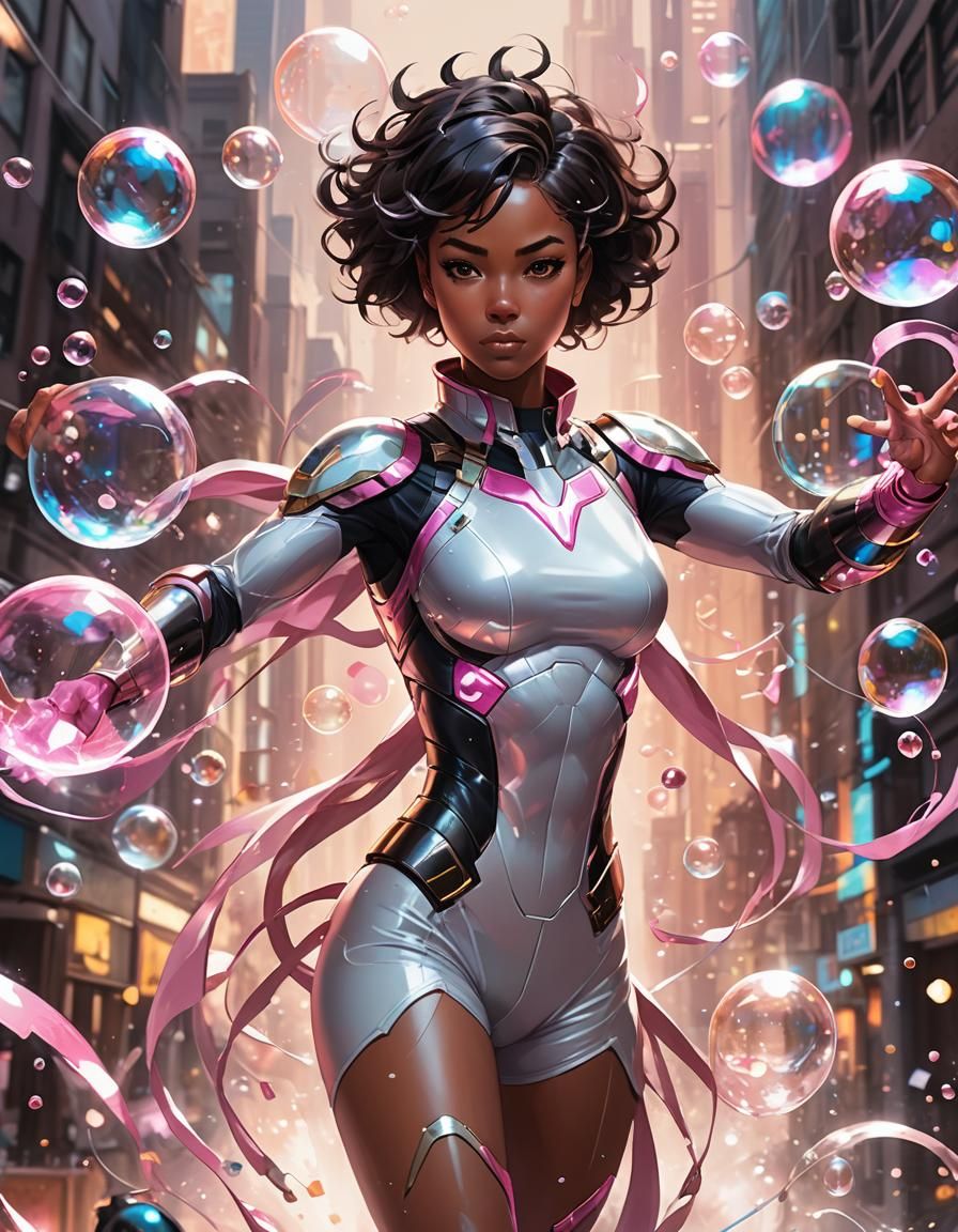Anime Style Woman with Caramel Skin and Bubbles