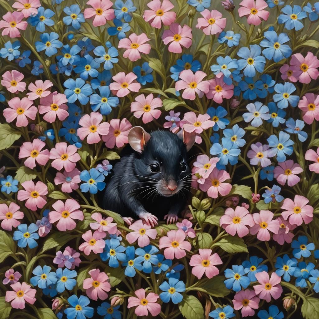 Baby Mouse Sleeping Among Forget-Me-Nots in Oil Painting Sty...