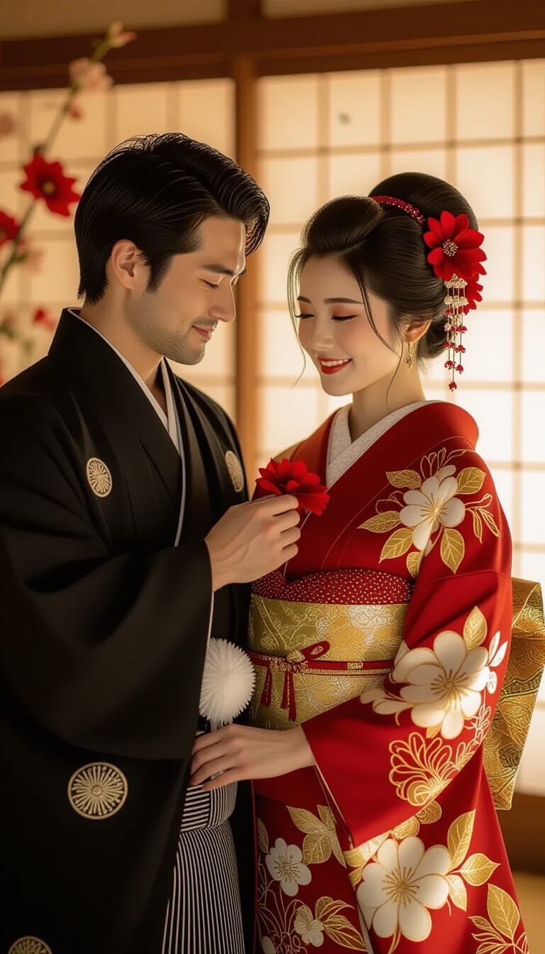 Tender Japanese Couple with Red Flower