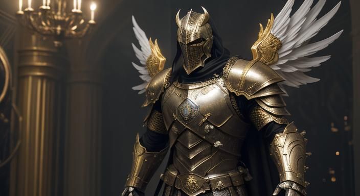 Golden Winged Knight in Grand Hallway: Cinematic Film Still
