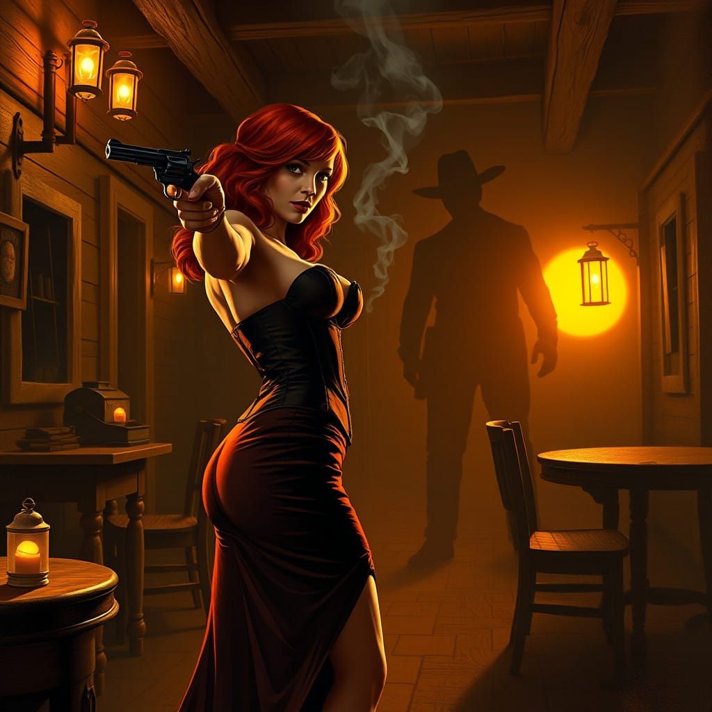 Seductive Saloon Siren in a Dark Western Scene