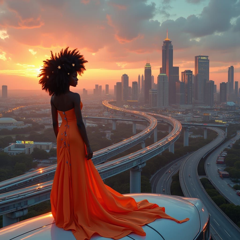 Houston Sunset: Retro Sci-Fi Cityscape with Afro Woman