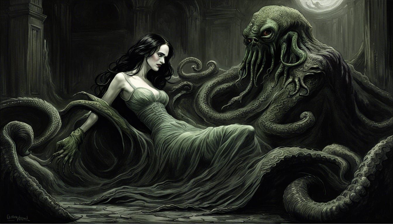 Eva Green Seduces Cthulhu in Horror Art Style