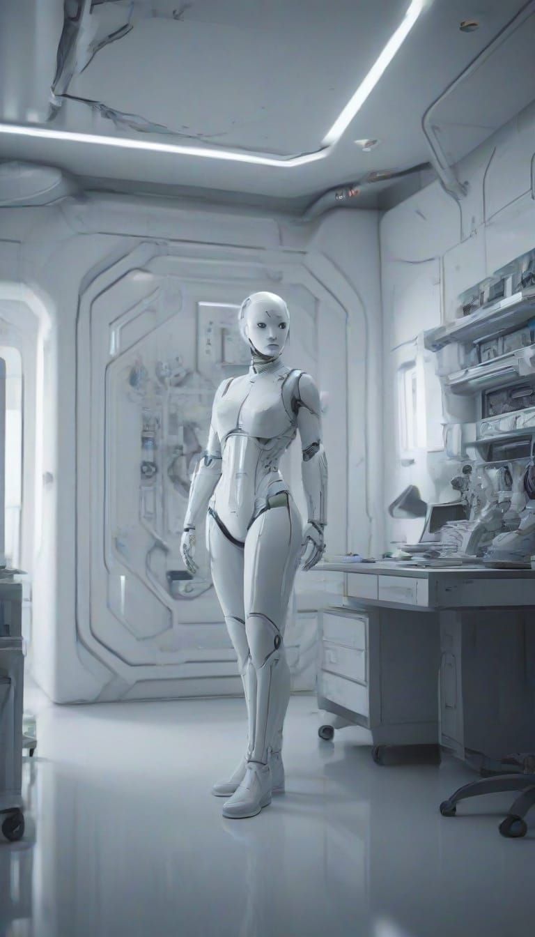 Futuristic Robot Meets New Mother in Laboratory Bedroom