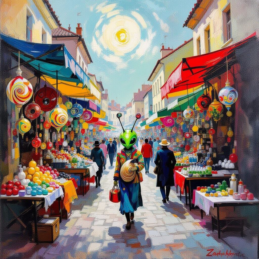 Alien Market Scene in Surrealist Style