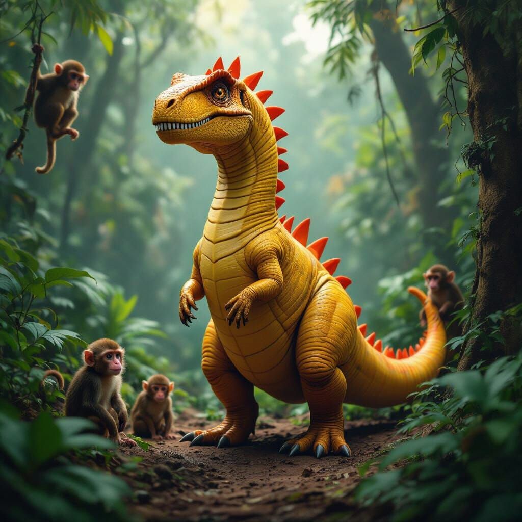 Banana Dinosaur in Ancient Forest with Monkeys