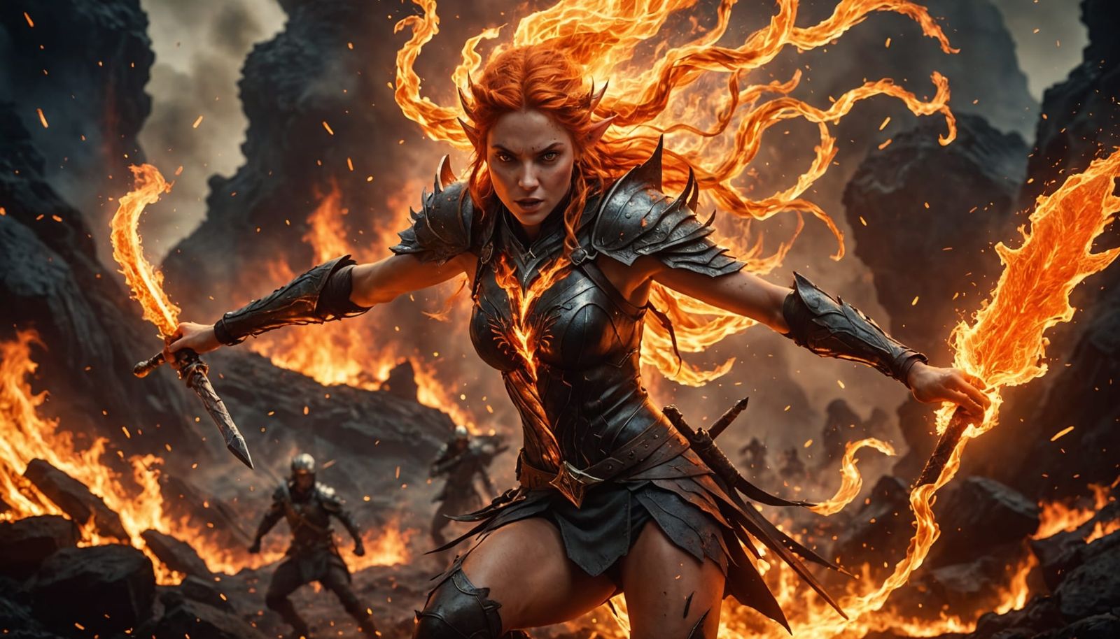 Epic Female Elf Warrior Battles Fiery Elemental in Blazing L...