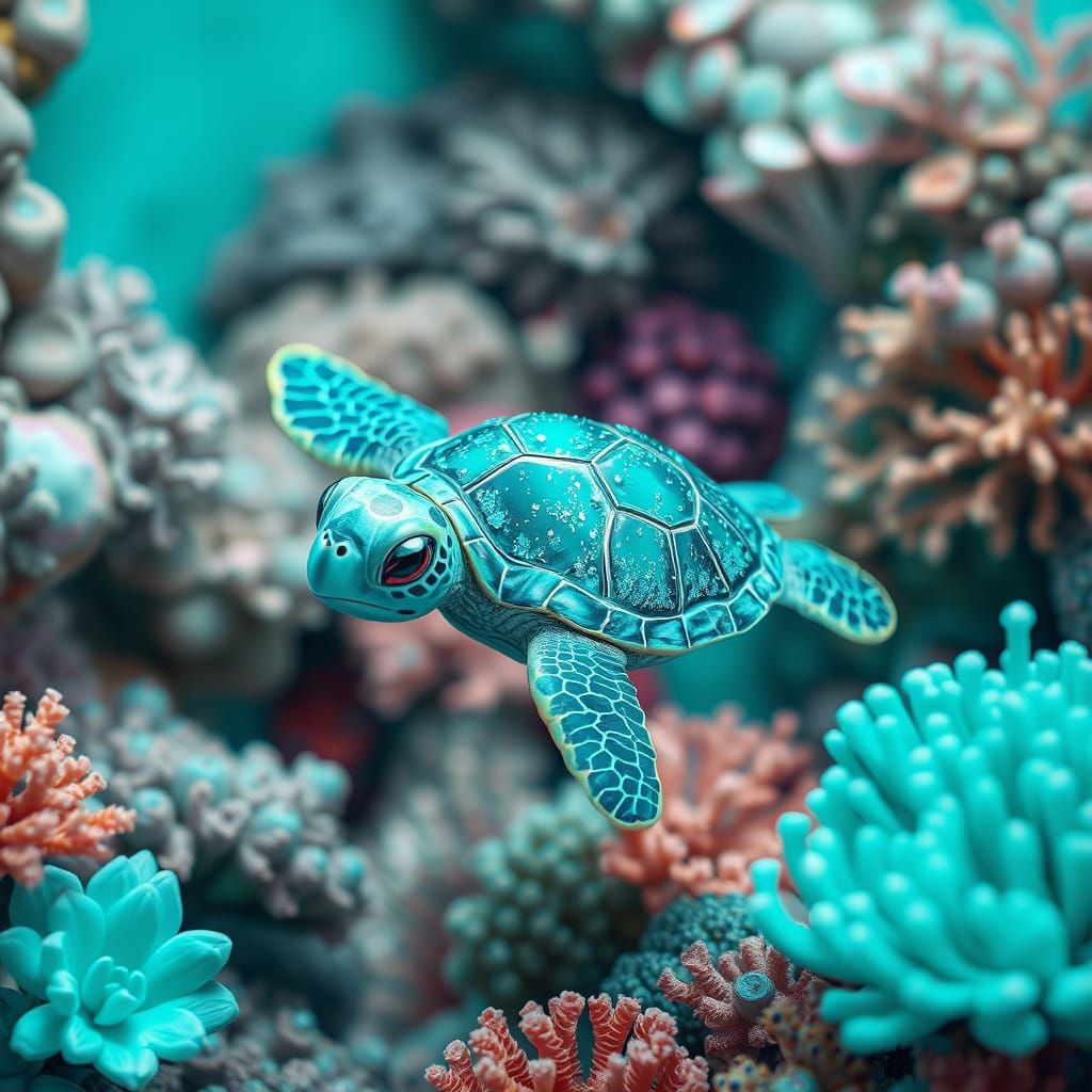 Turquoise Baby Sea Turtle in Coral Reef