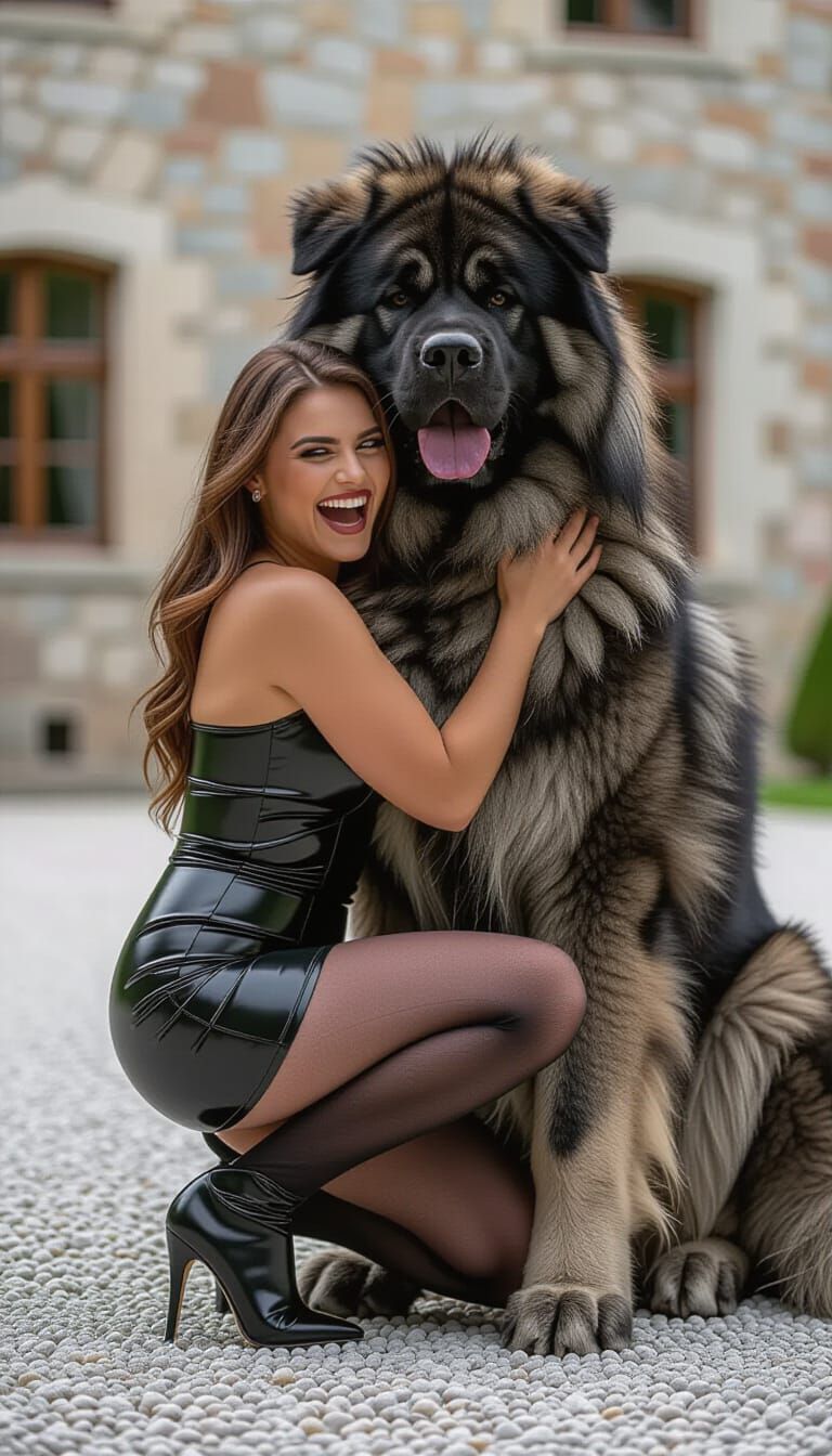 Woman with Tibetan Mastiff in Castle Yard