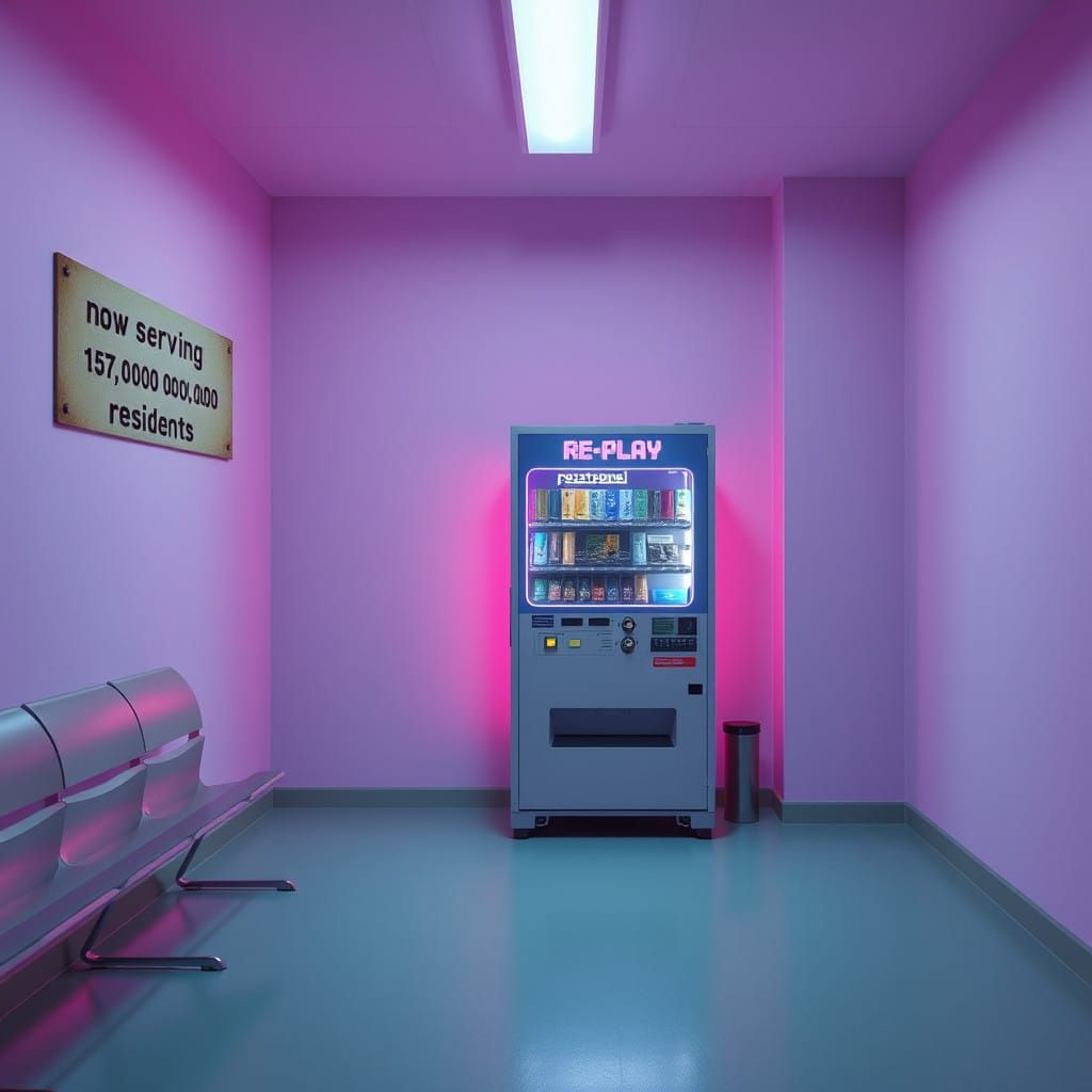 Nostalgic Retro-Futuristic Waiting Room in Pastel Hues
