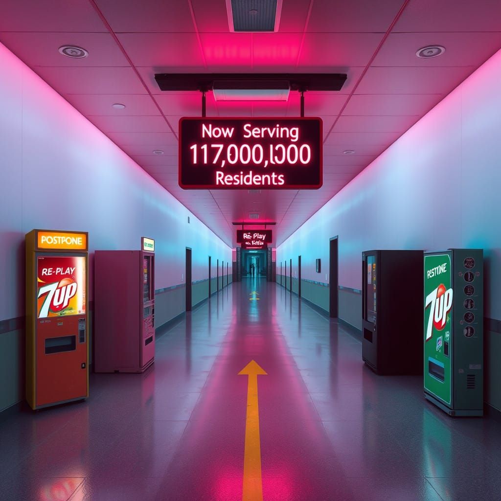 Vaporwave Hallway with Retro Vending Machines and Endless Qu...