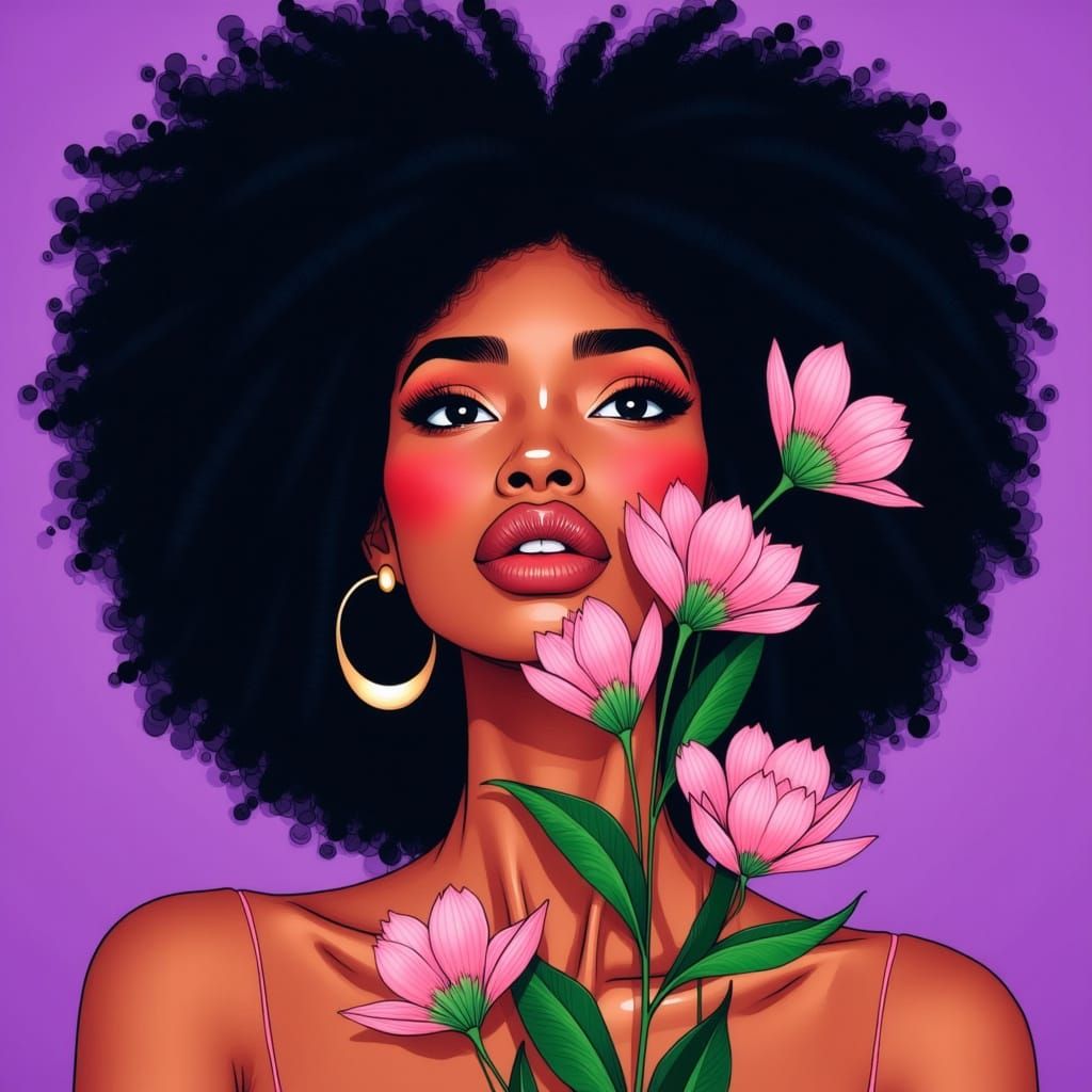 African Woman with Vibrant Floral Layers in a Purple Backgro...