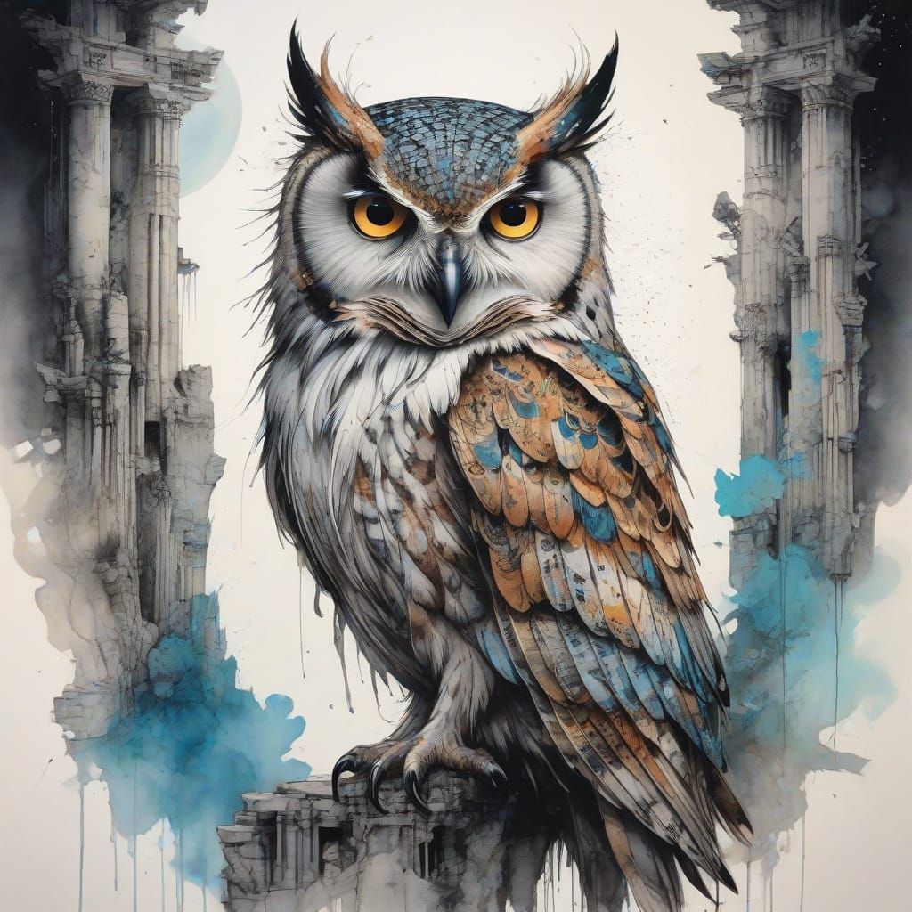 Ethereal Owl in a Moonlit Ancient Ruins