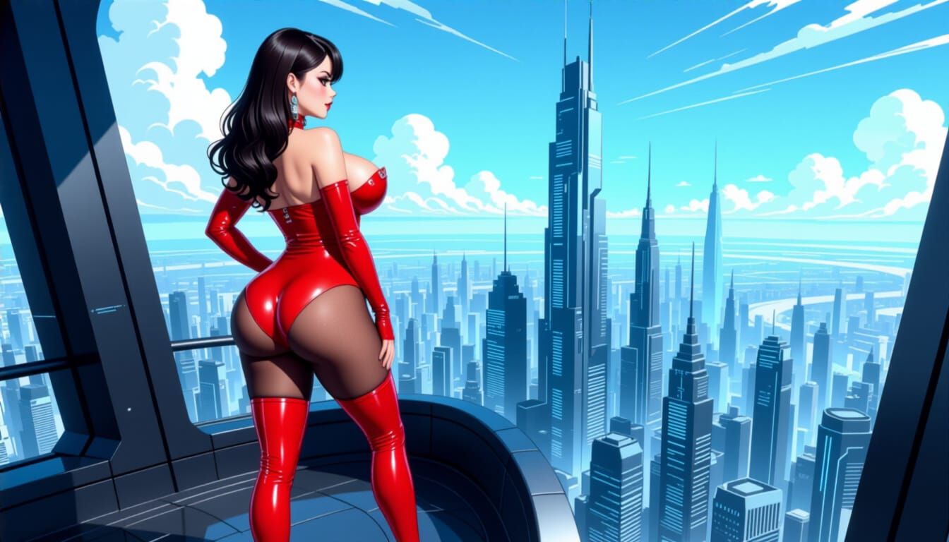 Curvy Angel in Red Latex Over Cyberpunk City