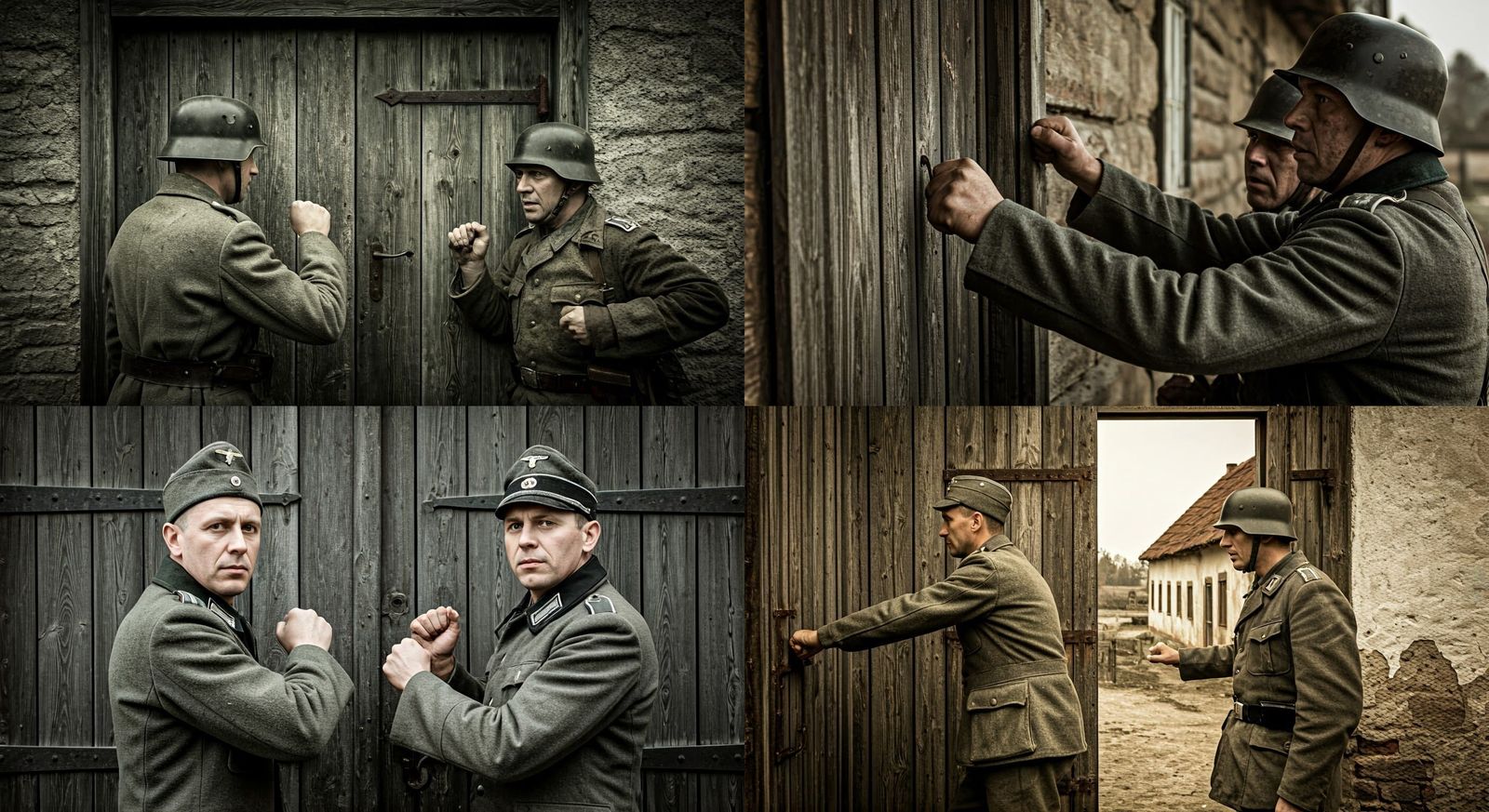 German Soldiers Knock on an Old Wooden Door in a Tense, Blac...