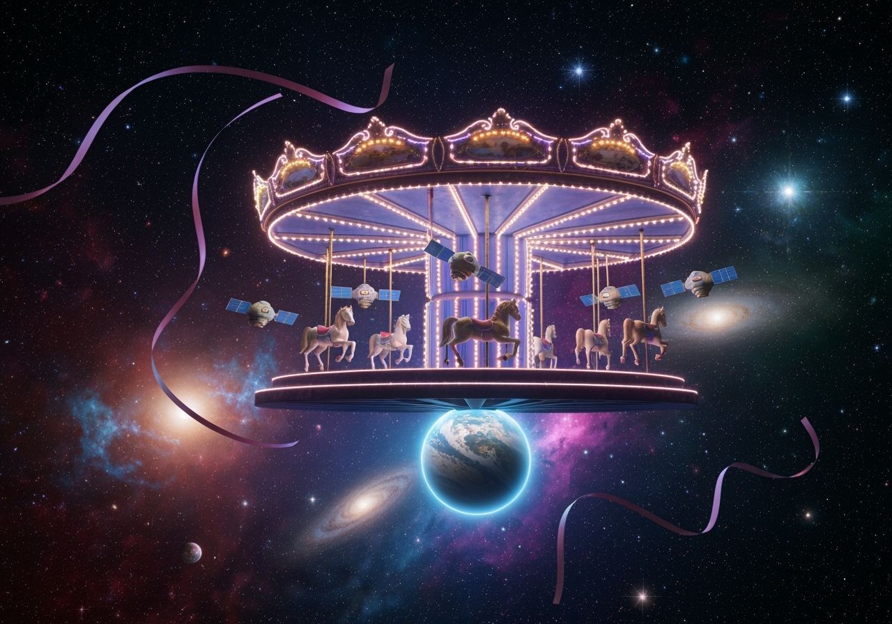 Cosmic Carousel Orbiting Planet in Vibrant Sci-Fi Style