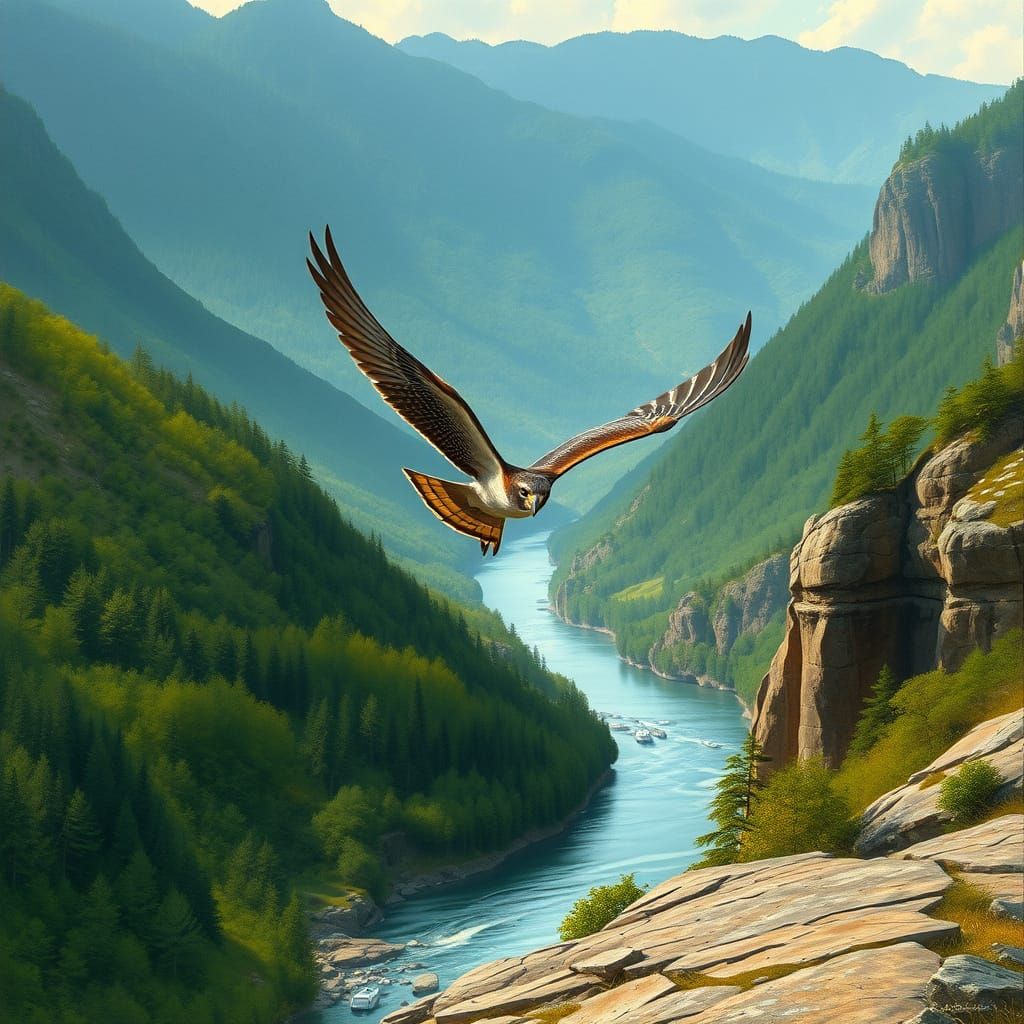 Wildlife Falcon Soars Over River Valley