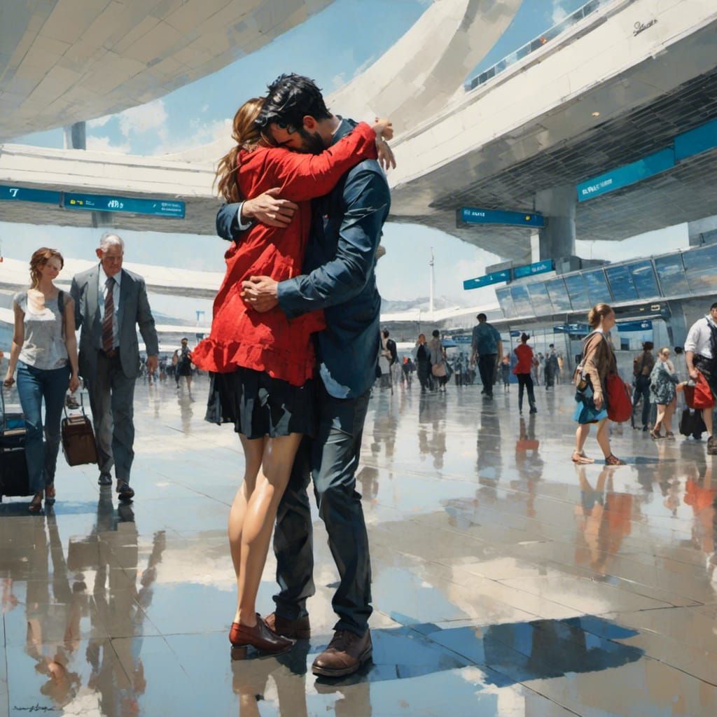 Emotional Airport Goodbye in Hyperrealistic Painting