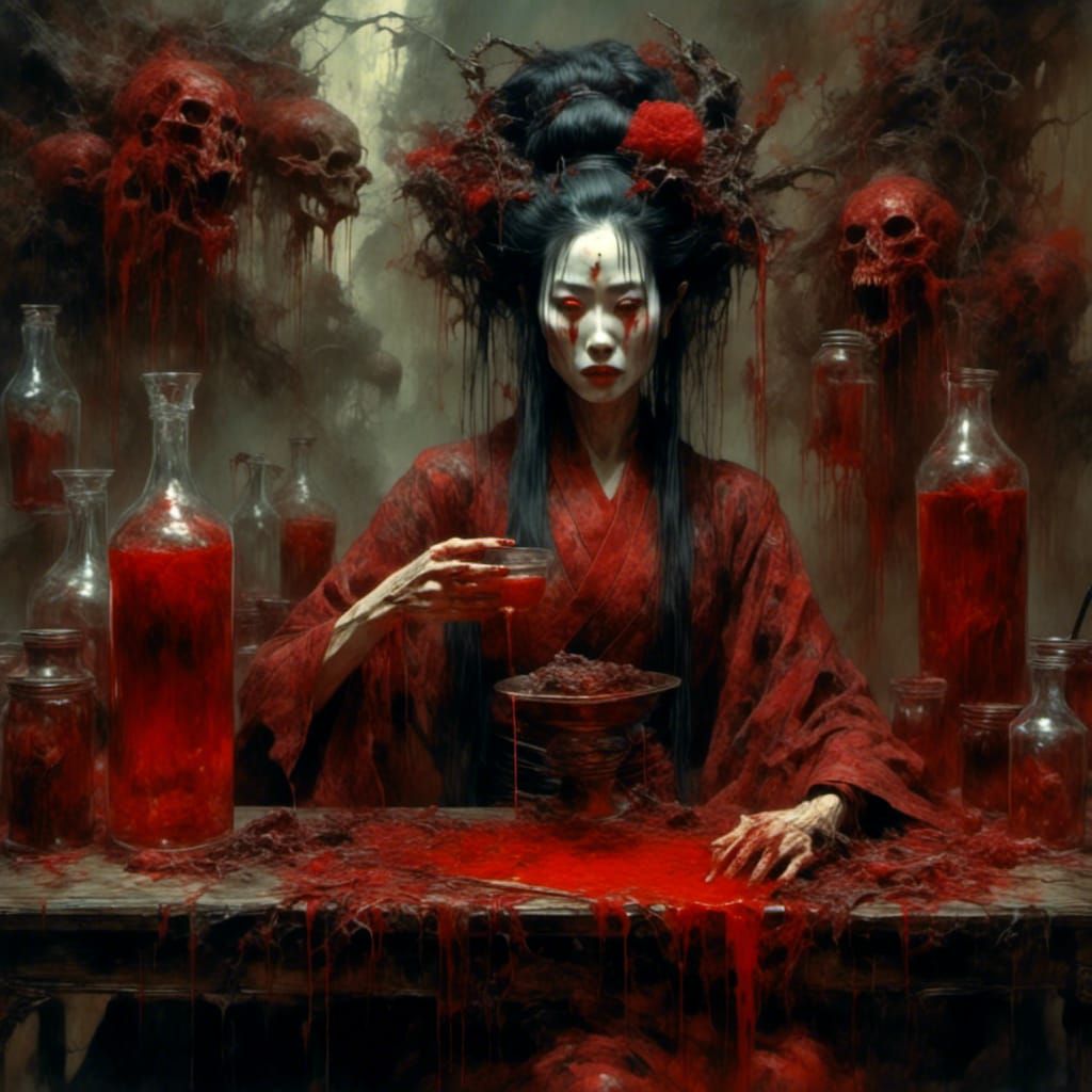 Macabre Geisha Serving Bloody Drinks: Horror Scene