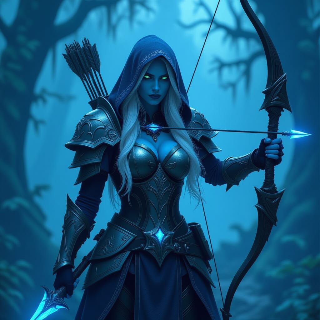Sylvanas Windrunner in Dark Forest: Photorealistic Fantasy A...