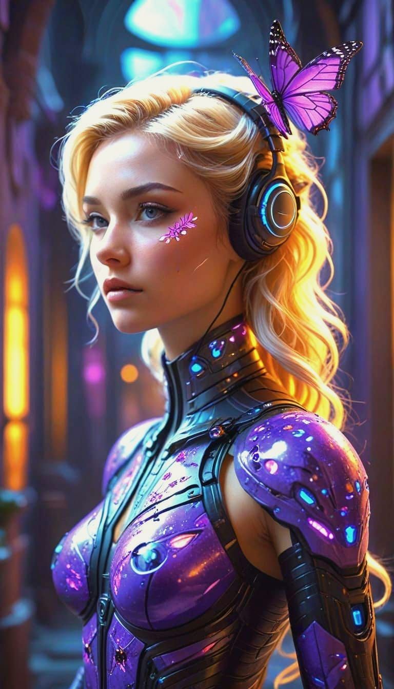 Futuristic Goddess with Neon Flowers, in Gouache Style