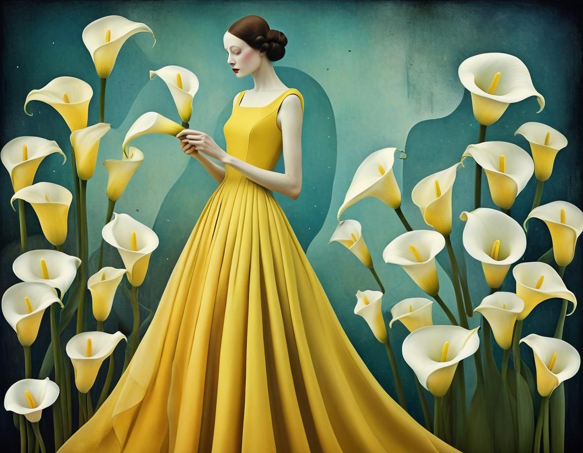 Woman in Yellow Dress with Lilies
