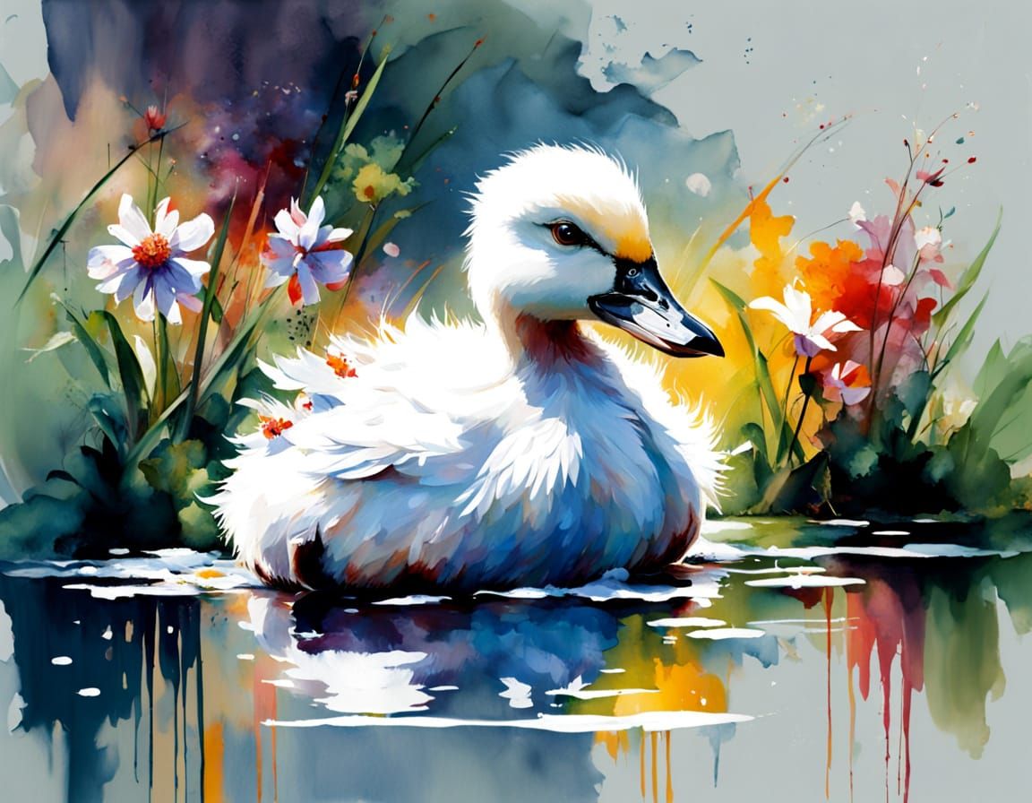 Vibrant Watercolour Duckling in a Sunlit Garden