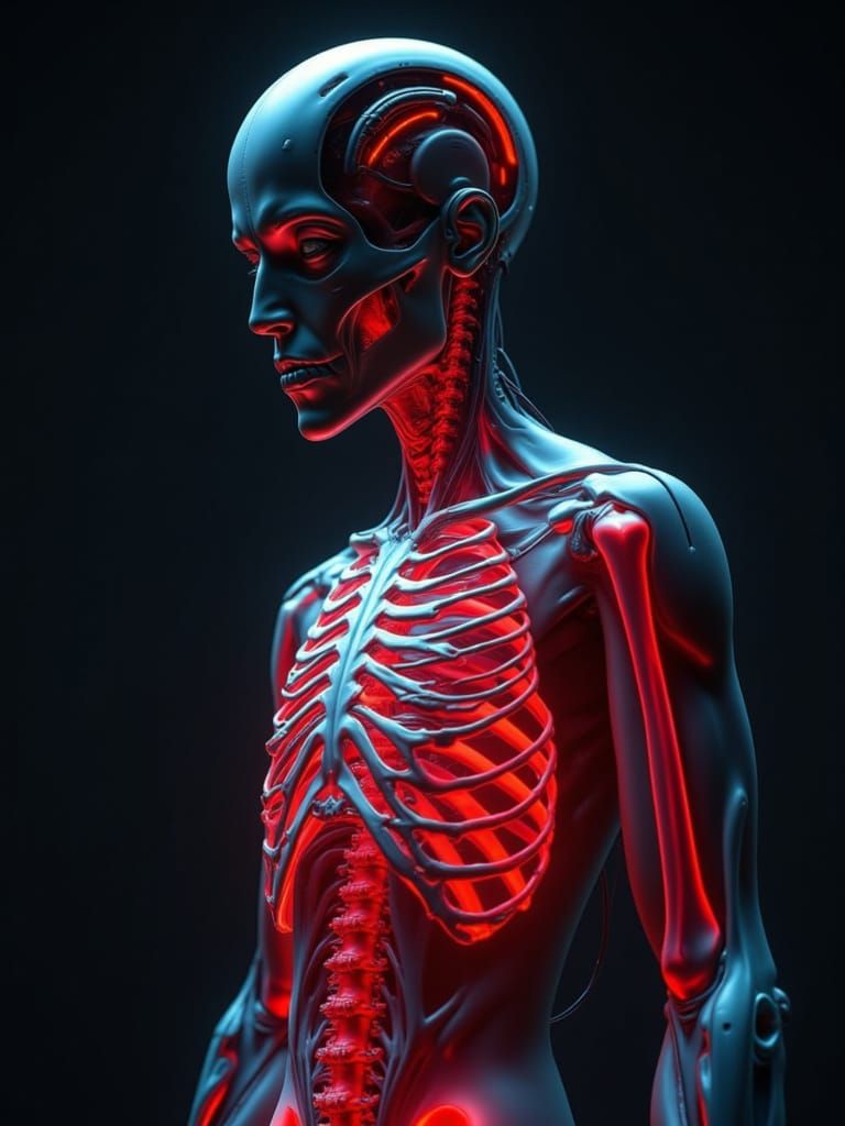 Bio-Punk Disfigured Man with Glowing Muscles and Bones