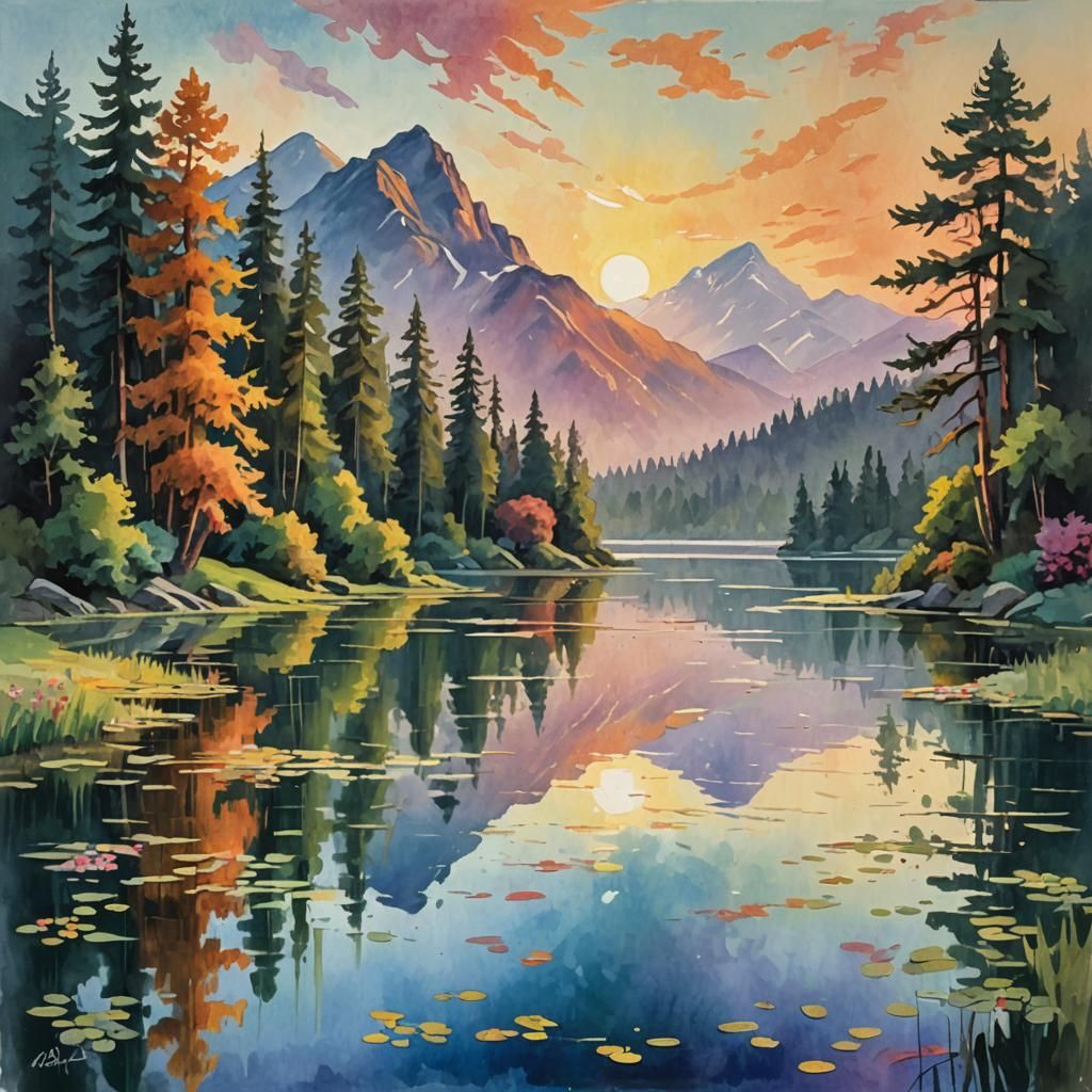 Impressionist Lake and Sunset Gouache Painting