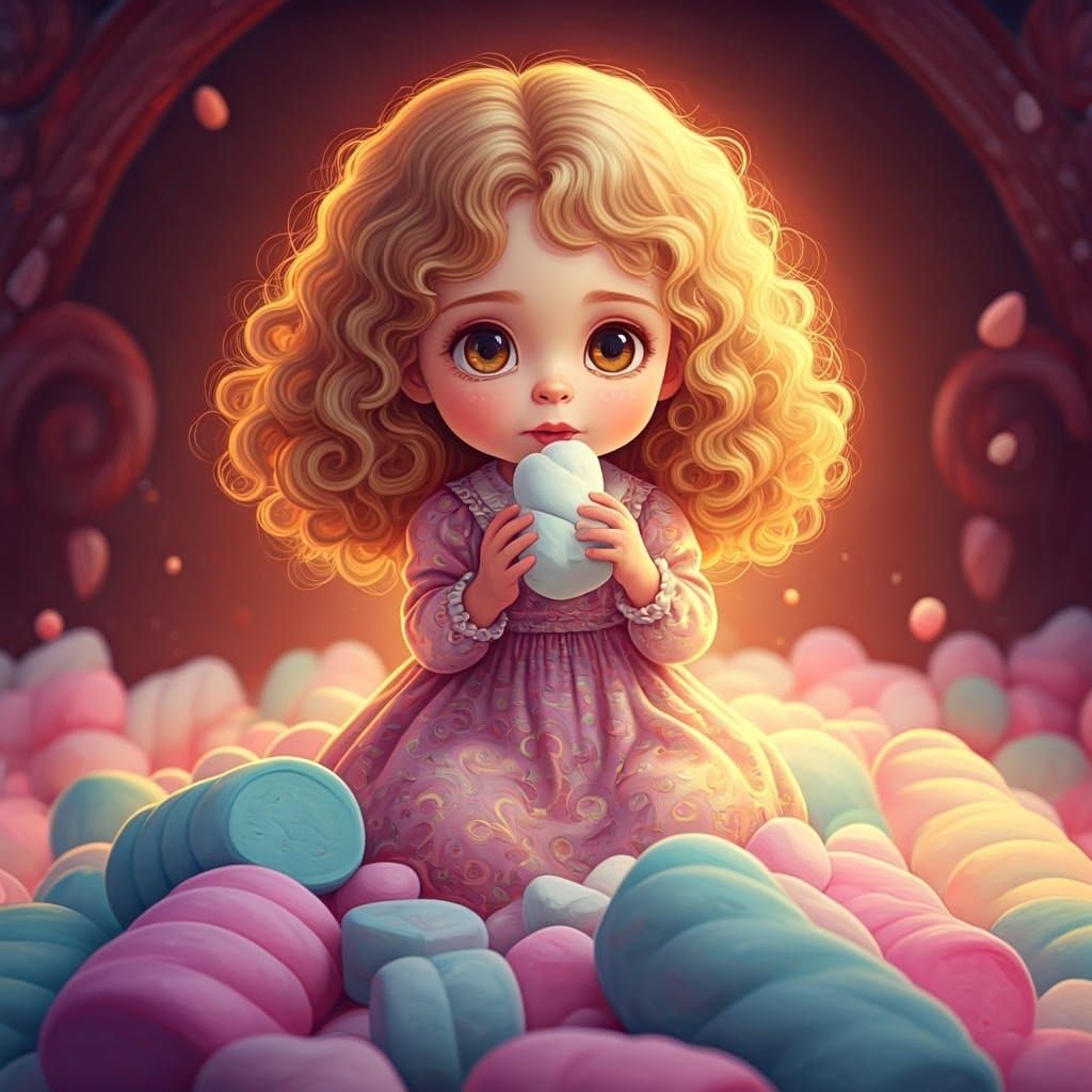 Whimsical Girl Surrounded by Giant Marshmallows in 3D Digita...