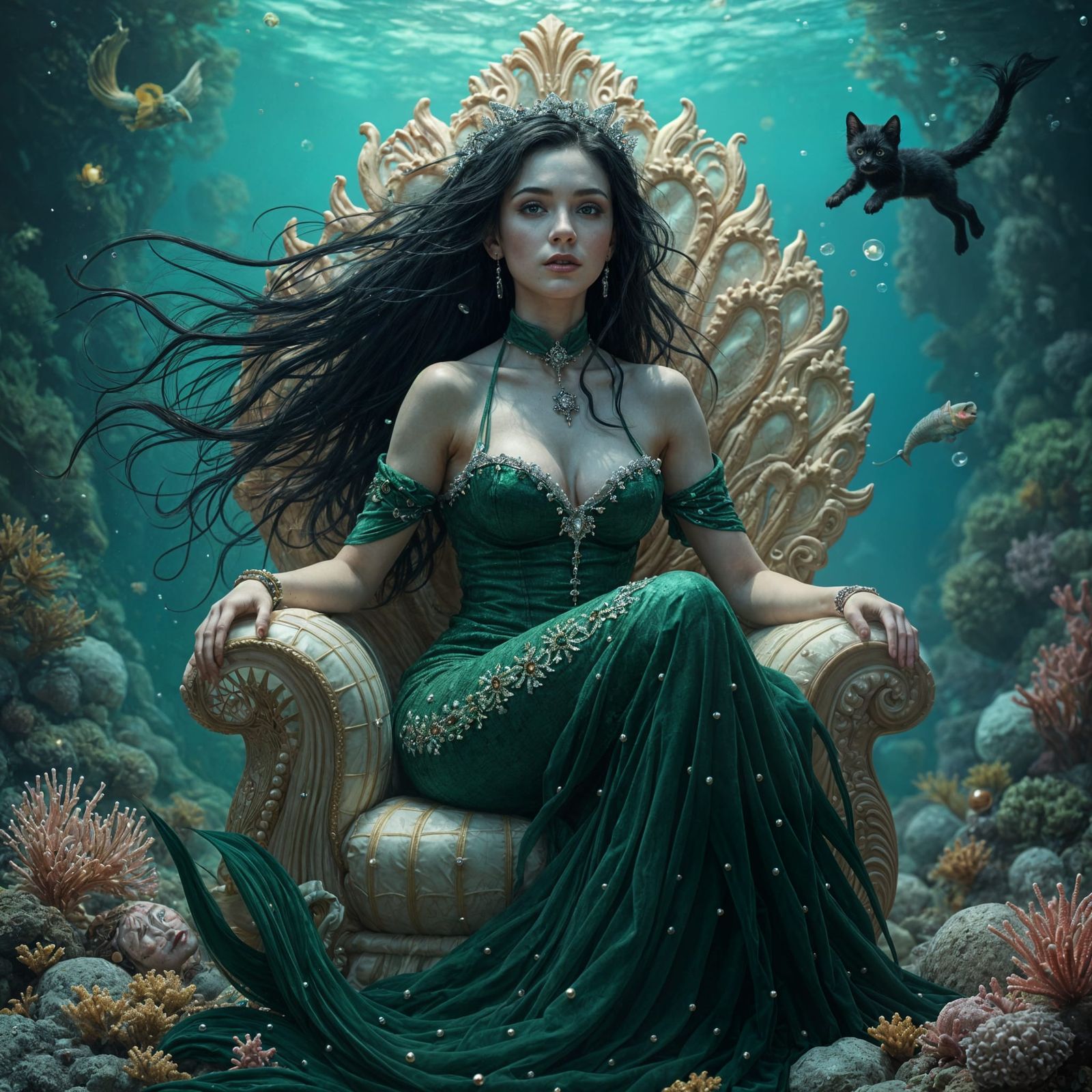 Gothic Mermaid Queen Surrounded by Magical Underwater Realm