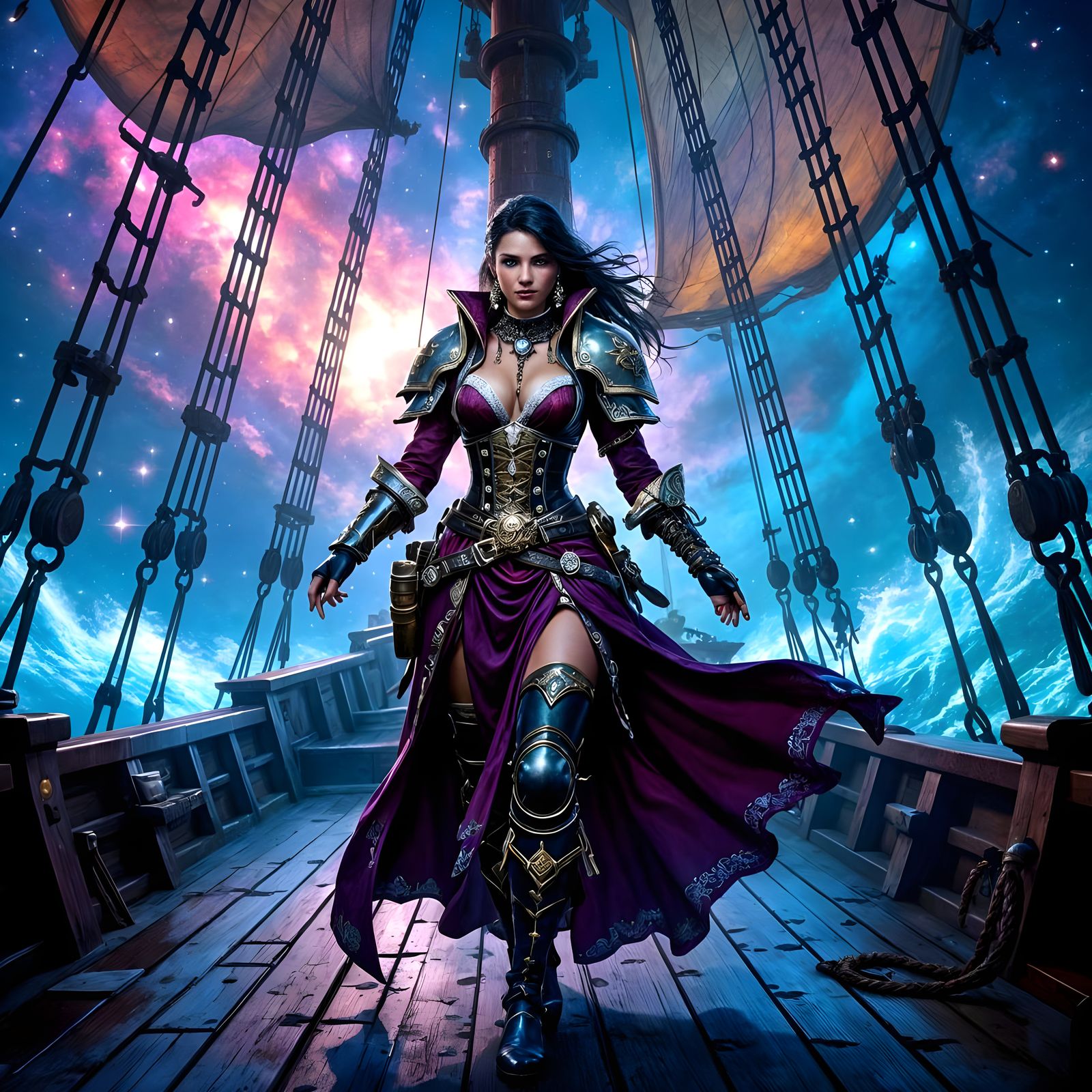 Pirate Queen Sailing a Cosmic Nebula Galleon