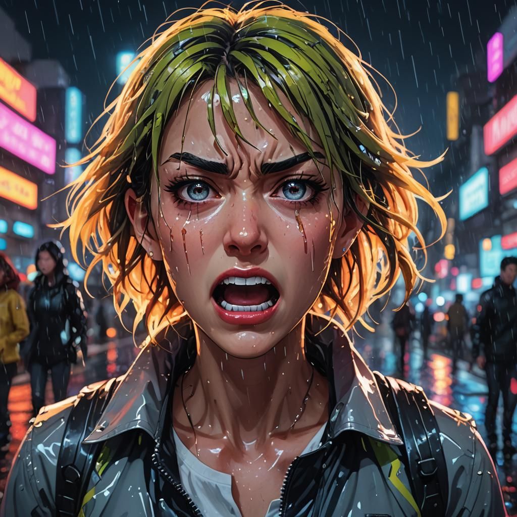 Anime Girl Yelling in Rainy Cityscape