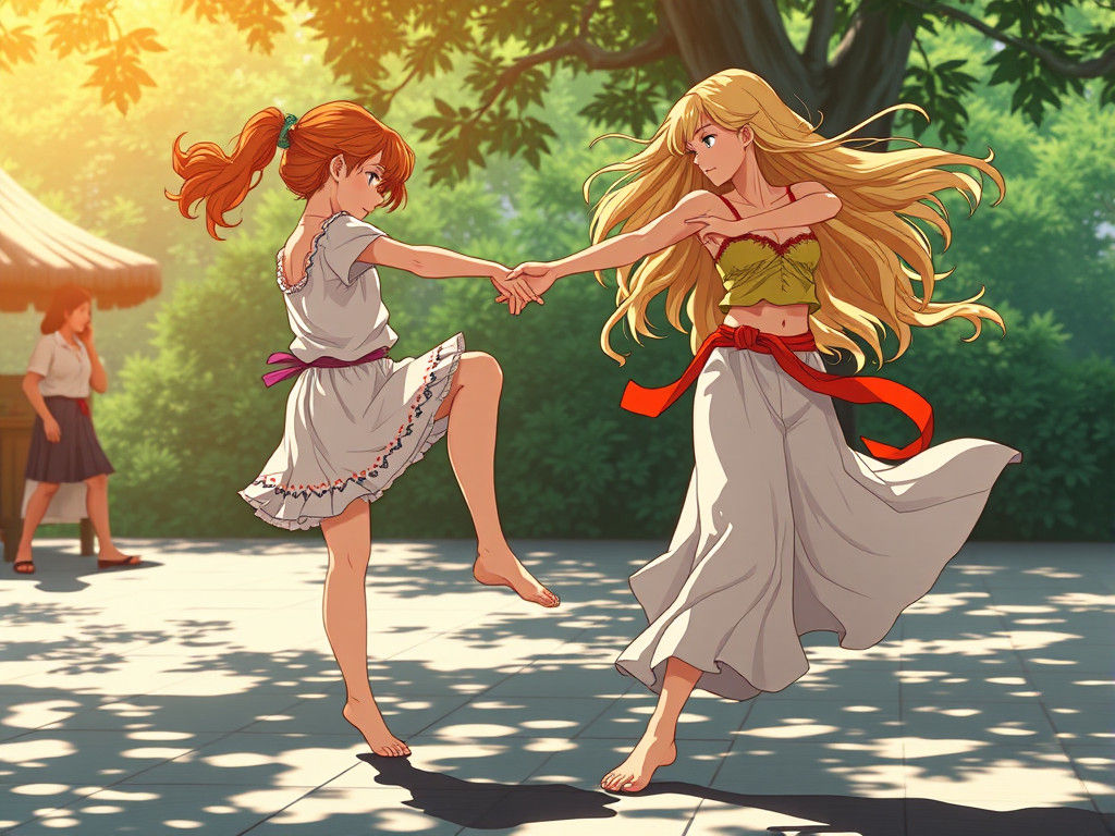 Girls Engage in Dynamic Capoeira Dance, Studio Ghibli-Style....
