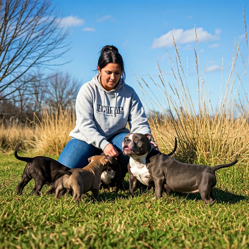 Mama Pitbull and Puppies Play with Owner in Sunny Field