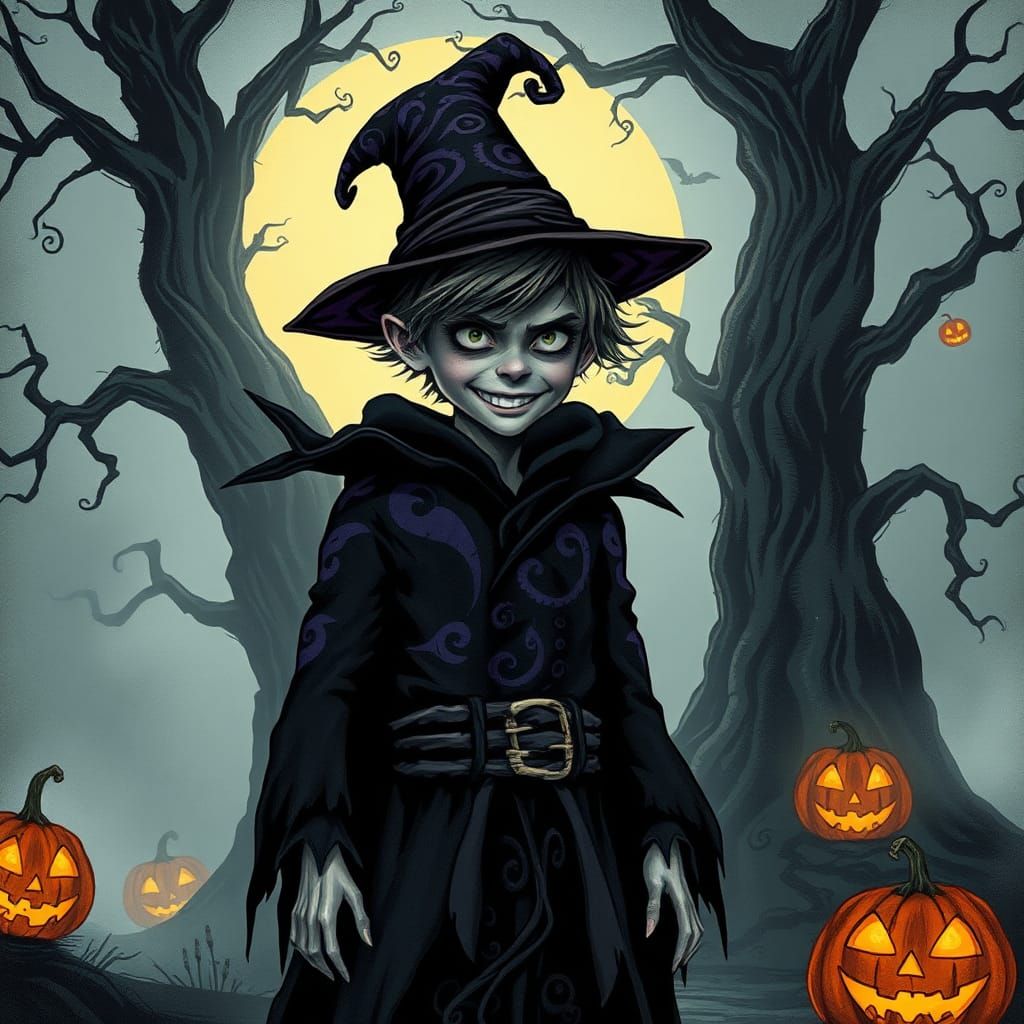 Mischievous Boy in Spooky Halloween Landscape