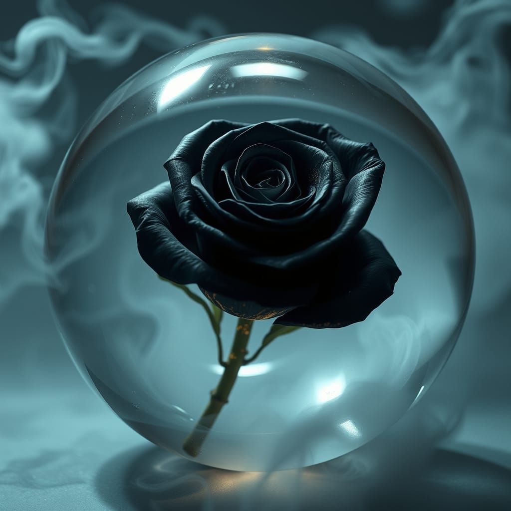 Ethereal Black Rose in Resin Orb, Teal and Gold Hues