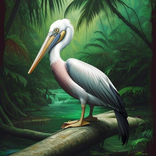 Surreal Pelican in Tropical Rainforest Oil Painting