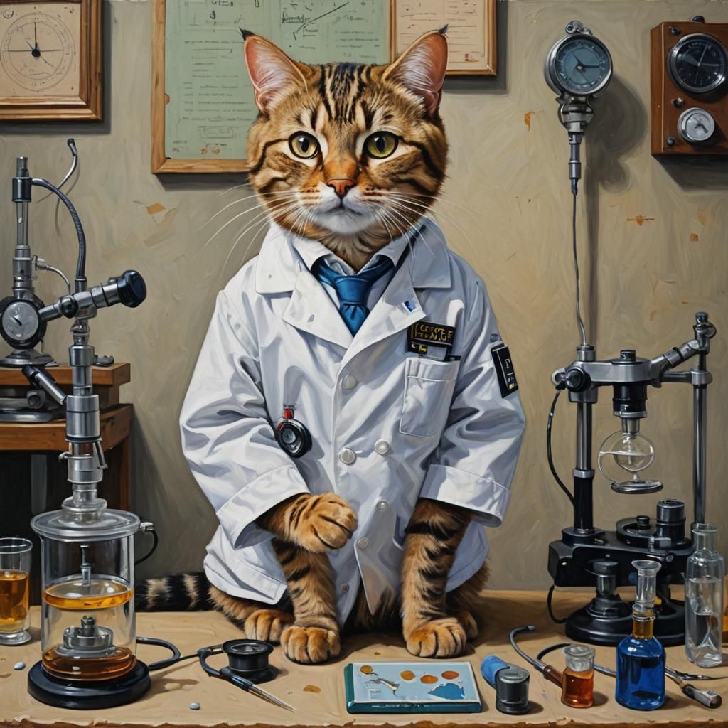 Tabby Cat Scientist in Lab, Oil Painting