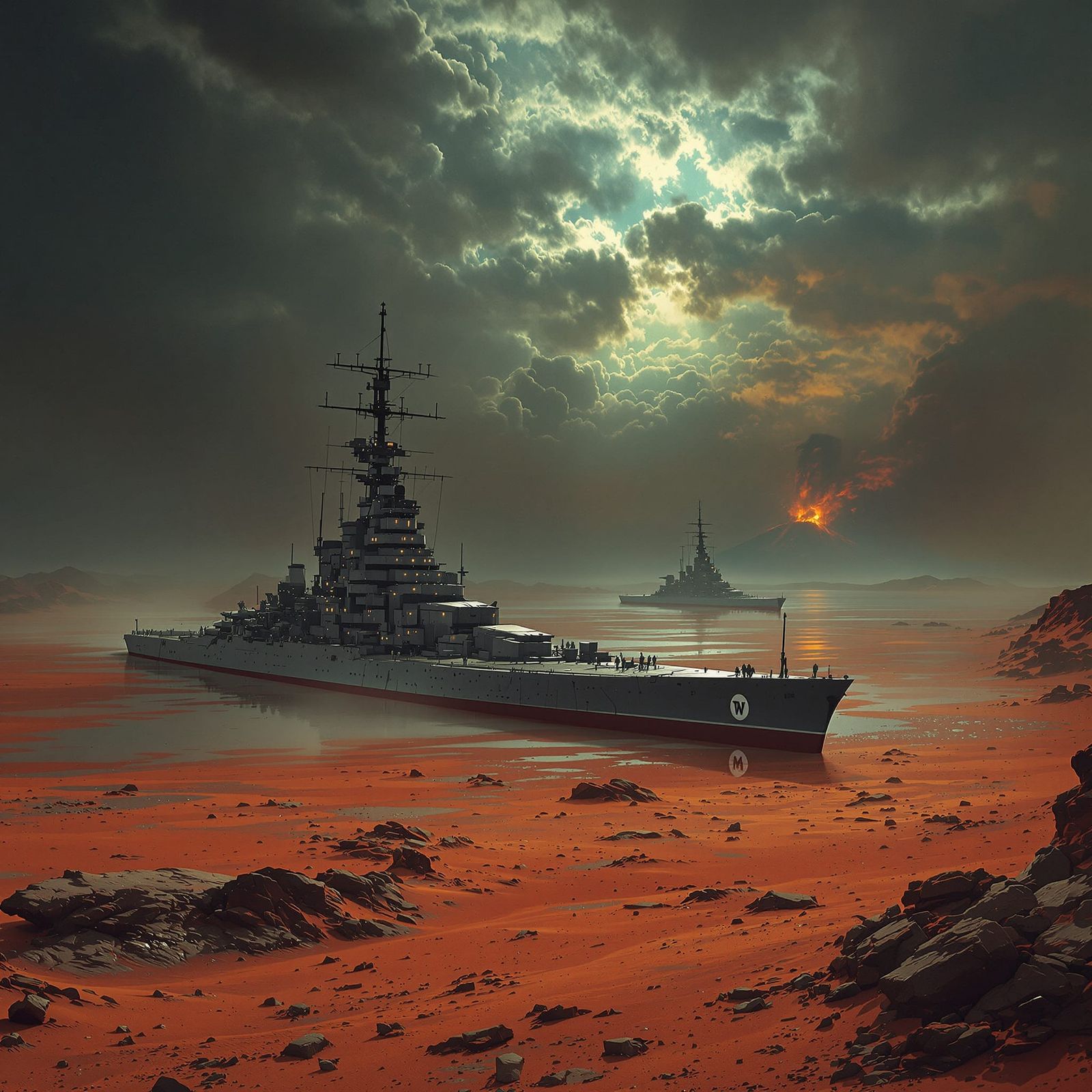 WW2 Destroyers on Mars in Dramatic Alien Landscape