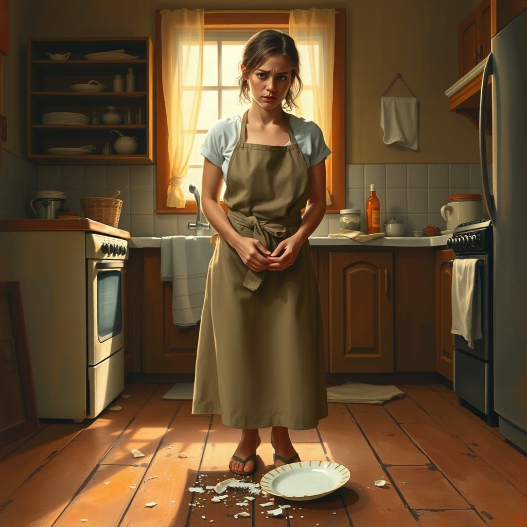 Warm Kitchen Scene with Broken Plate and Soapy Hands