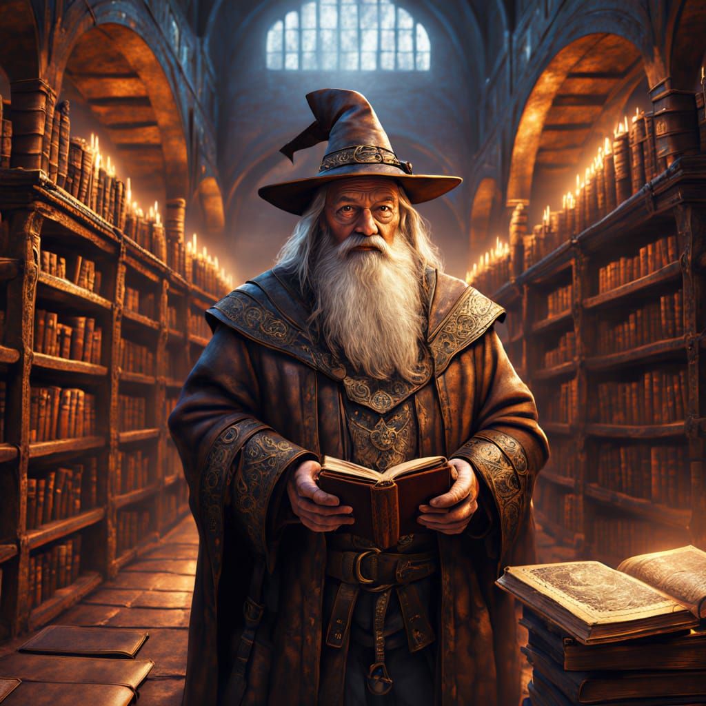 Old Wizard Surrounded by Ancient Tomes in a Mystical Library