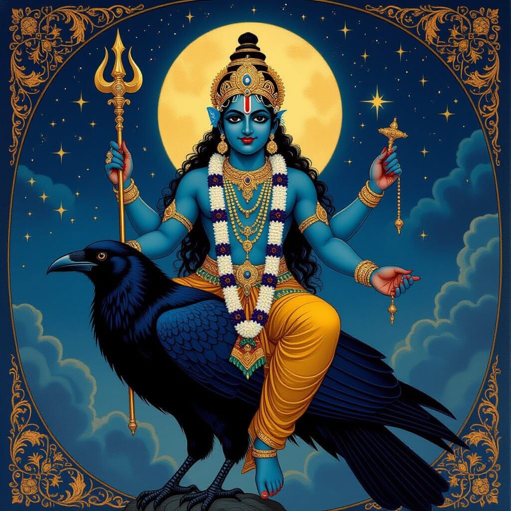 Lord Shani on Crow in Art Nouveau Style