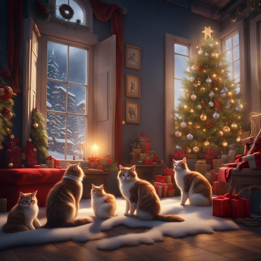 Festive Cats Play in Christmas Scene: Digital Painting
