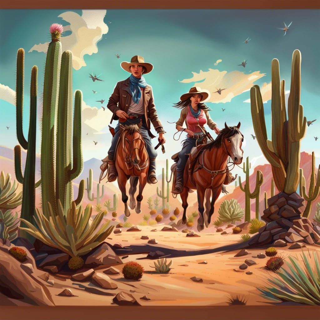 Cowboy, Cowgirl, Eagle in Desert Landscape